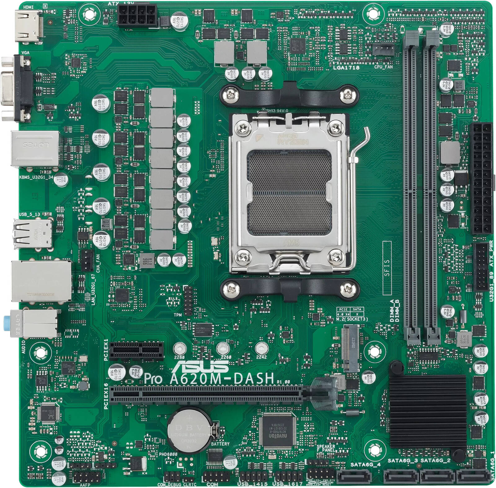 Close-up view of the ASUS PRO A620M-DASH CSM Micro-ATX AM4 Motherboard. The image highlights the motherboard's layout, including the CPU socket, RAM slots, PCIe slots, power connectors, SATA ports, and various components on the green PCB. The motherboard is designed for business use, emphasizing reliability and compatibility with AMD Ryzen processors. Key features visible include multiple USB ports, HDMI and VGA outputs, and a robust power delivery system, ideal for creating a stable and efficient computing