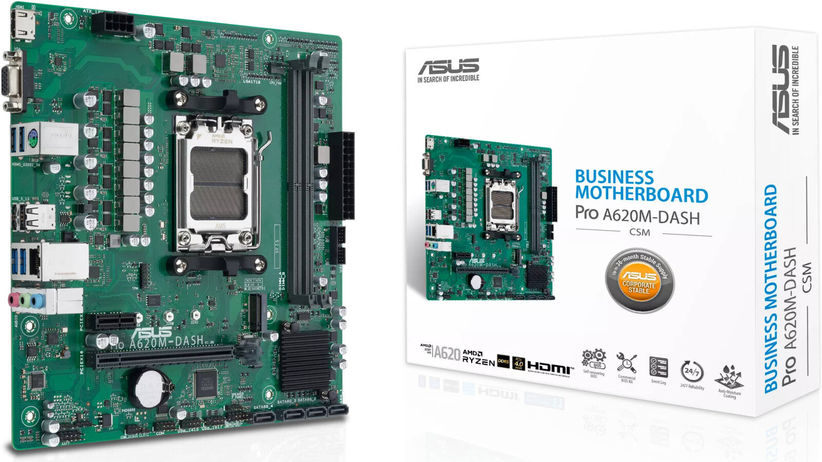 Image of the ASUS PRO A620M-DASH CSM Micro-ATX AM4 Business Motherboard and its packaging. The motherboard is shown with its green PCB design, featuring various slots and connectors, including RAM slots, PCIe slots, SATA ports, and rear I/O ports. The packaging highlights the motherboard as a 