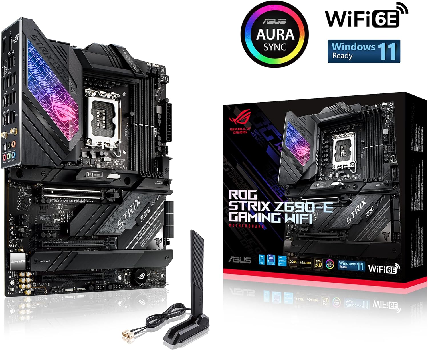 Image of the ASUS ROG STRIX Z690-E GAMING WiFi 6E ATX Motherboard with its packaging and features highlighted. The motherboard showcases an LGA 1700 socket, ready for 12th and 13th Gen Intel Core processors, and is equipped with robust power delivery components, multiple PCIe slots, DDR5 memory support, and advanced cooling solutions. The packaging emphasizes key features, including ASUS Aura Sync RGB lighting, WiFi 6E connectivity, and Windows 11 readiness. An external WiFi antenna is also displayed, demon