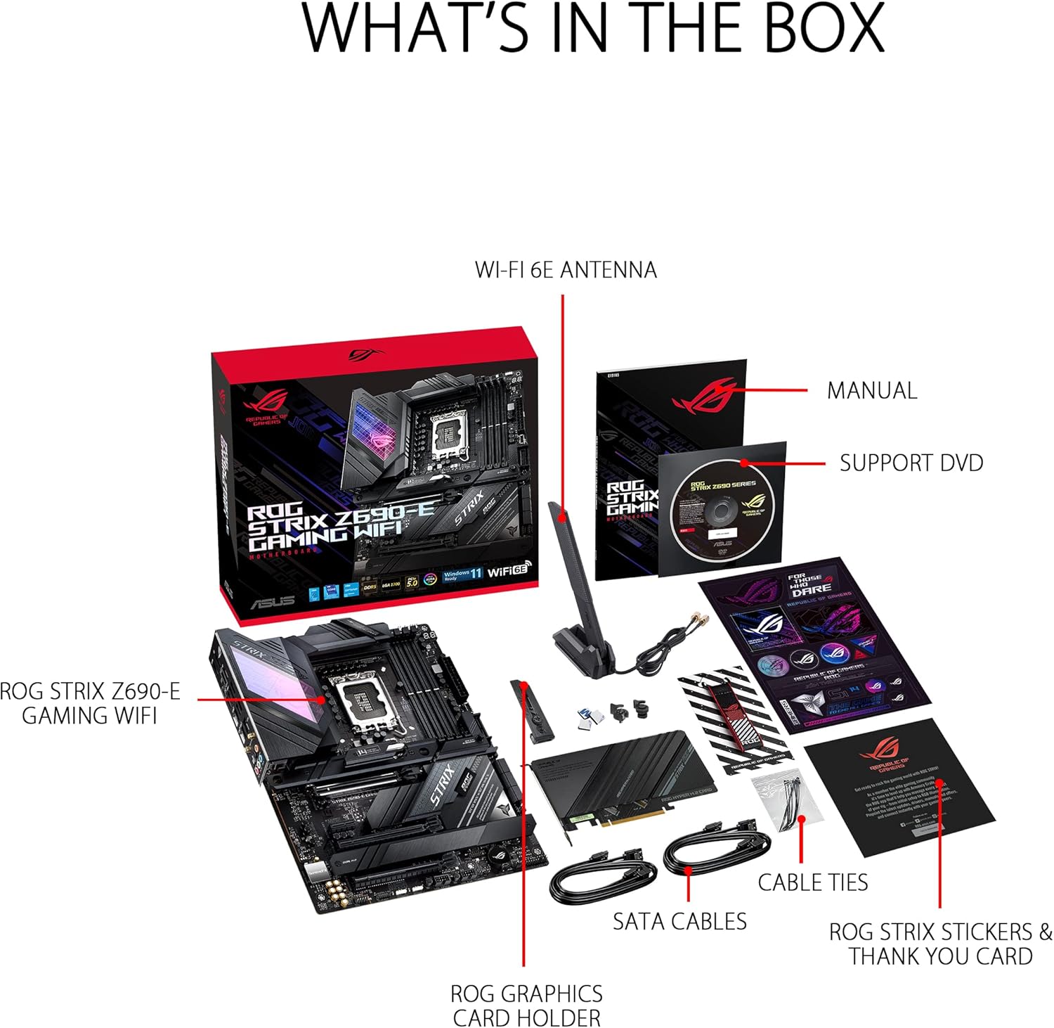 Image displaying the contents of the ASUS ROG STRIX Z690-E GAMING WiFi 6E ATX Motherboard package. The box includes the motherboard itself, a Wi-Fi 6E antenna for enhanced wireless connectivity, a user manual, a support DVD, SATA cables for connecting storage devices, cable ties for cable management, and a ROG graphics card holder. Also included are ROG Strix stickers and a thank-you card, offering additional customization options and a touch of personalization for the user. The packaging provides all neces