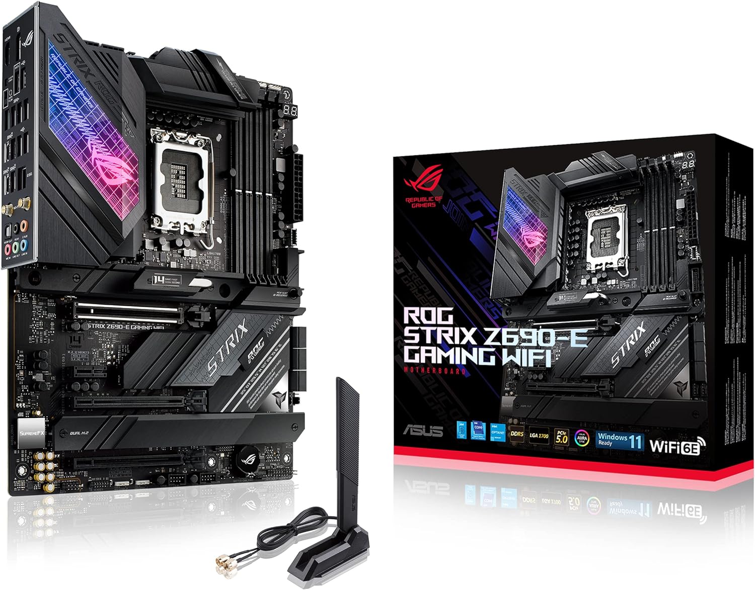 Image of the ASUS ROG STRIX Z690-E GAMING WiFi 6E ATX Motherboard alongside its retail packaging. The motherboard is designed for high-performance gaming with an LGA 1700 socket supporting 12th and 13th Gen Intel Core processors. It features advanced cooling solutions, RGB lighting, multiple PCIe slots, and robust power delivery components. The retail box highlights key features such as WiFi 6E support, PCIe 5.0, DDR5 compatibility, and Windows 11 readiness. An external WiFi antenna is also displayed, indic