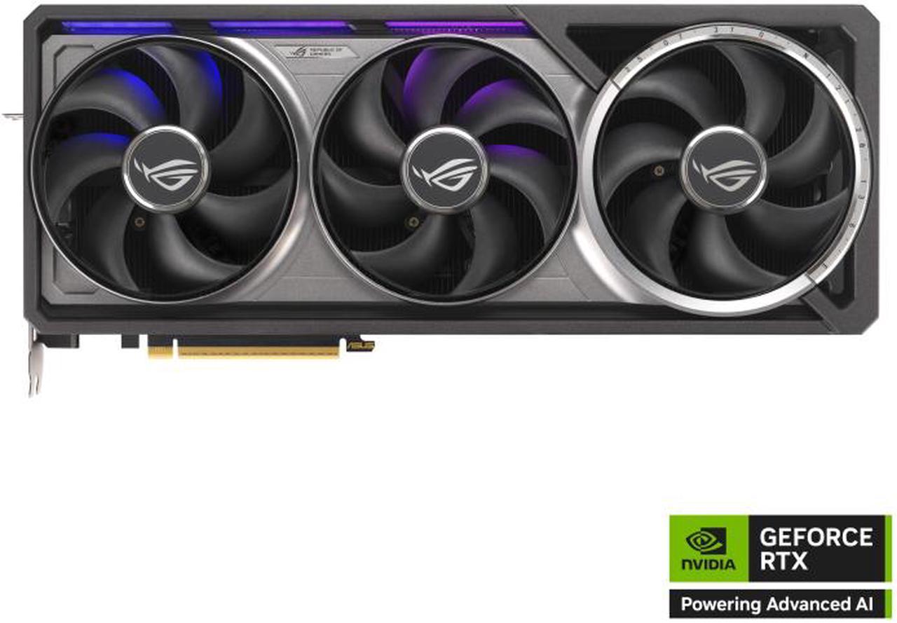 Front view of the ASUS ROG GeForce RTX 5090 graphics card, featuring a quad-fan cooling system, RGB lighting, and a robust design for extreme gaming and AI-powered performance. The NVIDIA GeForce RTX branding highlights its advanced AI capabilities, DLSS 4.0 support, and ray tracing performance for next-generation gaming and content creation.