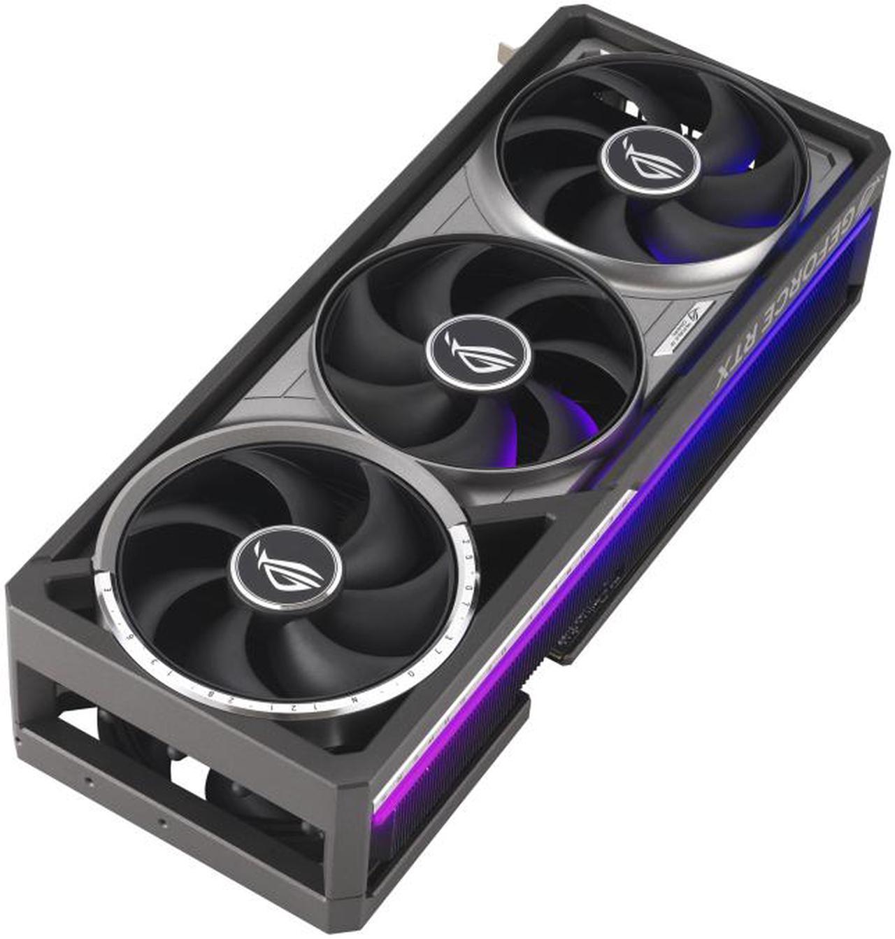 Angled view of the ASUS ROG GeForce RTX 5090 graphics card, showcasing its quad-fan cooling system, RGB lighting, and high-performance design. This next-gen GPU is built for extreme gaming, AI-powered rendering, and professional content creation, offering exceptional cooling efficiency and cutting-edge technology.