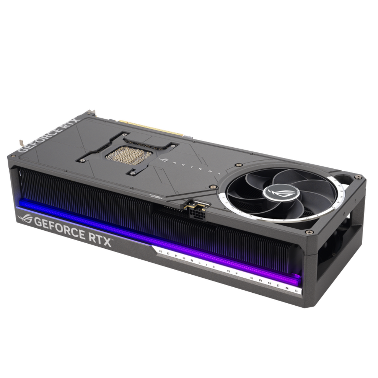 Rear view of the ASUS ROG GeForce RTX 5090, showcasing its metal backplate with precision-cut vents for enhanced airflow. The RGB lighting strip runs along the side, adding a sleek gaming aesthetic. The card features a quad-fan cooling system, a reinforced PCB, and a high-performance heat sink for optimal thermal efficiency.