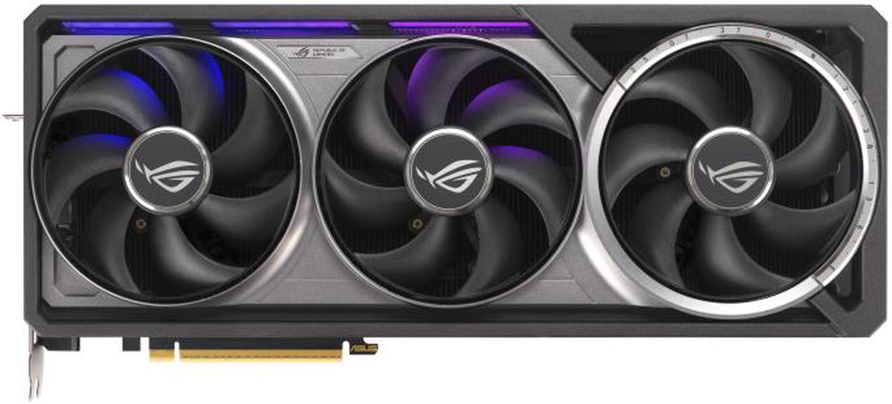 Front-facing view of the ASUS ROG GeForce RTX 5090 graphics card, showcasing its quad-fan cooling system, sleek black and silver design, and integrated RGB lighting. This high-performance GPU is built for next-gen gaming, AI processing, and professional 3D rendering, ensuring top-tier cooling efficiency and graphical power.