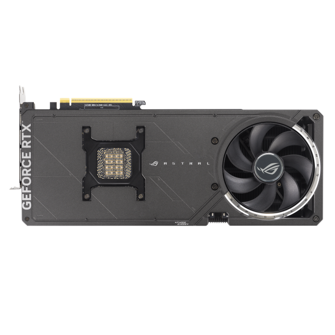 Top-down view of the ASUS ROG GeForce RTX 5090, showcasing its durable metal backplate with a precision-cut ventilation design for improved airflow and heat dissipation. The ASTRAL branding and GeForce RTX logo highlight its premium build quality, while the quad-fan cooling system ensures optimal thermal performance.








