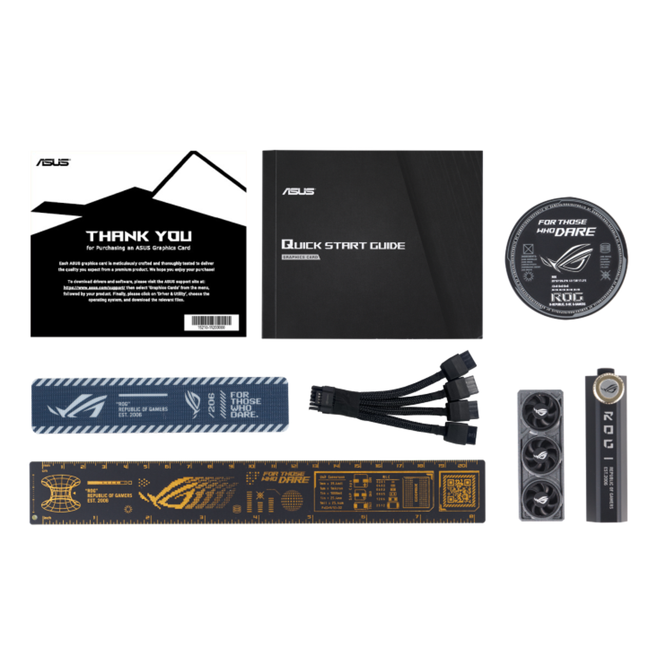 A complete set of accessories included with the ASUS ROG GeForce RTX 5090, featuring a thank you card, quick start guide, 12VHPWR power adapter, ROG Velcro straps, ROG collectible coin, GPU support bracket, PCB-inspired ruler, and a keychain with a mini GPU replica. These accessories enhance installation, stability, and personalization for the high-performance ROG graphics card.