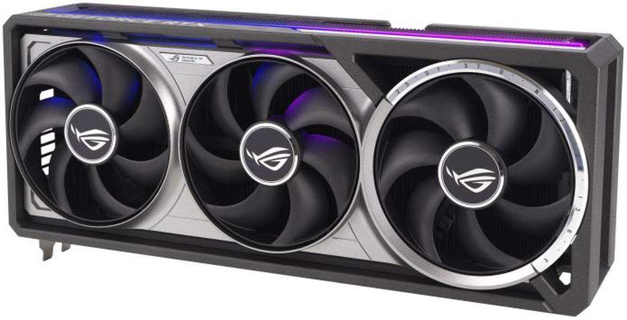 Close-up view of the ASUS ROG GeForce RTX 5090 graphics card, featuring a quad-fan cooling system, RGB lighting, and a sleek black and silver design. This powerful GPU is designed for next-generation gaming, 3D rendering, and AI workloads, ensuring optimal cooling and top-tier performance.
