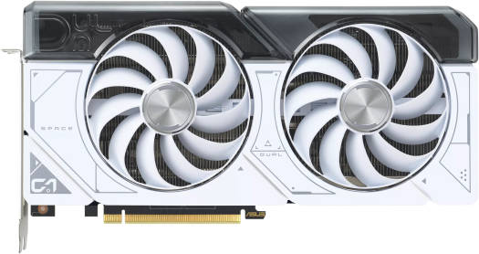 Close-up view of the ASUS GeForce RTX 4070 DUAL OC WHITE Graphics Card, showcasing its dual fan cooling system and sleek white design. The card features a PCIe connector, a sturdy backplate, and a dual-fan setup for effective cooling and optimal performance. The design includes subtle ASUS branding and accents, emphasizing both style and functionality for high-performance gaming and creative applications.