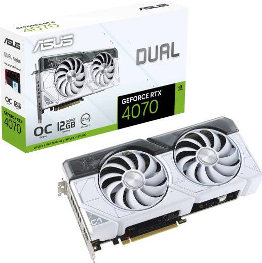 ASUS GeForce RTX 4070 DUAL OC WHITE Graphics Card with dual fan design, displayed alongside its retail packaging. The packaging features the ASUS logo and highlights key features such as 12GB GDDR6X memory, overclocking capability, and support for ray tracing and DLSS technologies. The graphics card itself is shown in a sleek white design with a dual fan cooling system for enhanced performance and cooling efficiency.